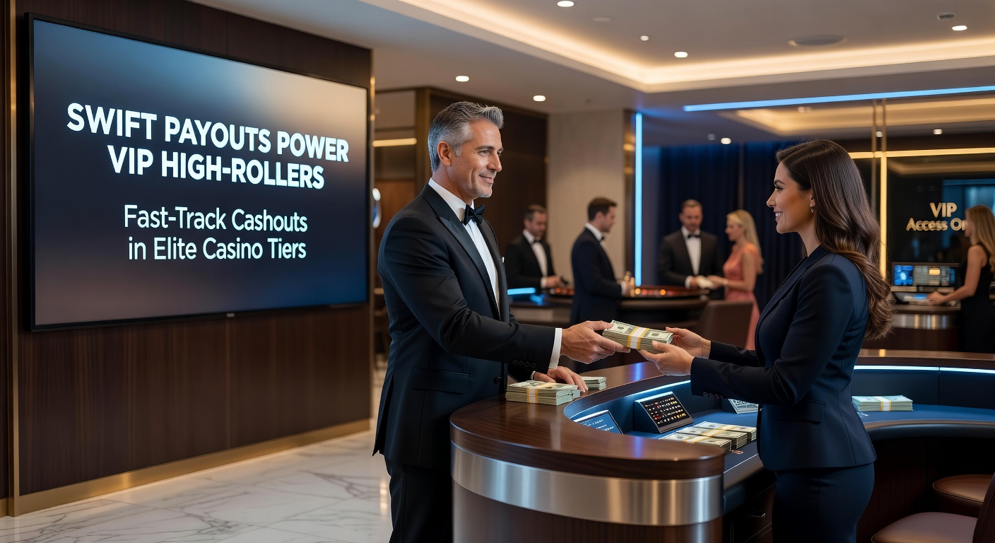 Grafik zeigt Turbo-Auszahlungsprozess für VIPs mit Uhr, Euro-Symbolen und VIP-Siegel in einem modernen Casino-Design